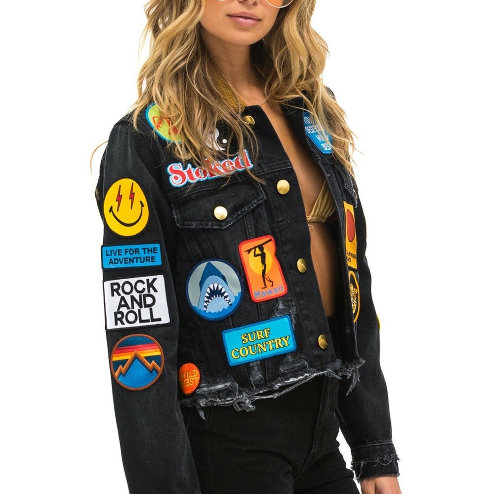 🔥NWT AVIATOR NATION VINTAGE PATCH UNISEX CROP DENIM JACKET - VINTAGE BLACK